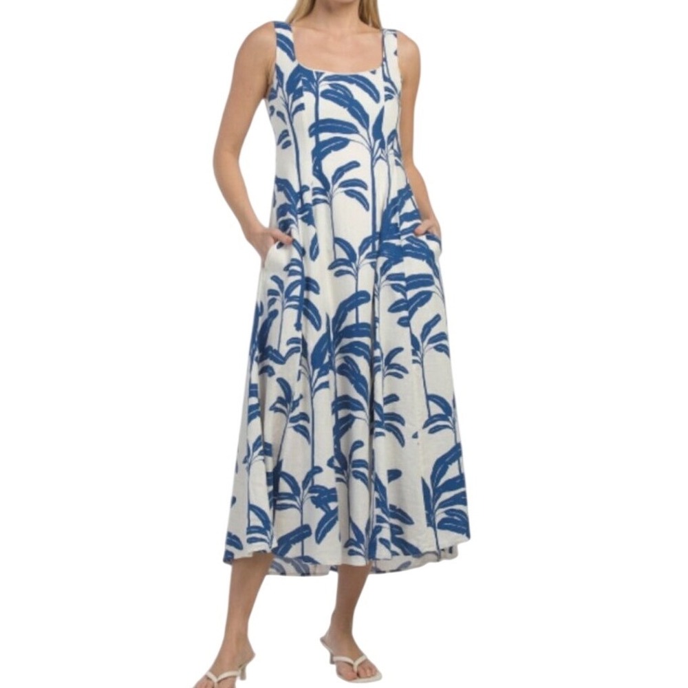 Tahari Tropical Palm Print Linen Blend Midi Dress Pockets Size 8